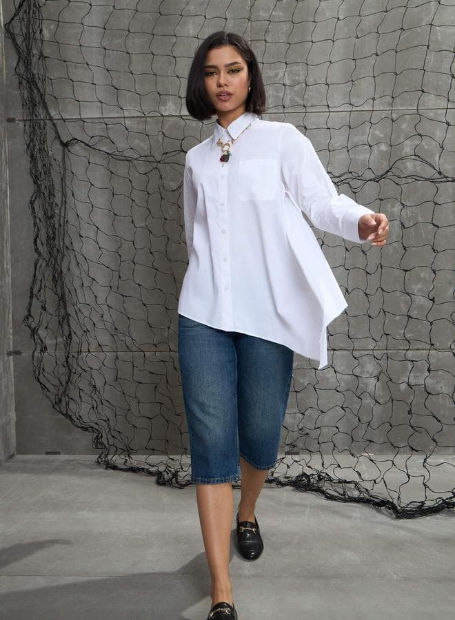 White Poplin Asymmetric Hem Buttoned Shirt - Image 1