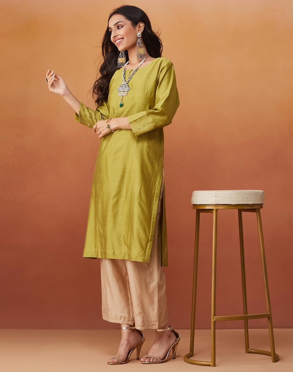 Green Cotton Silk Embroidered Knee-Length Kurta - Image 1