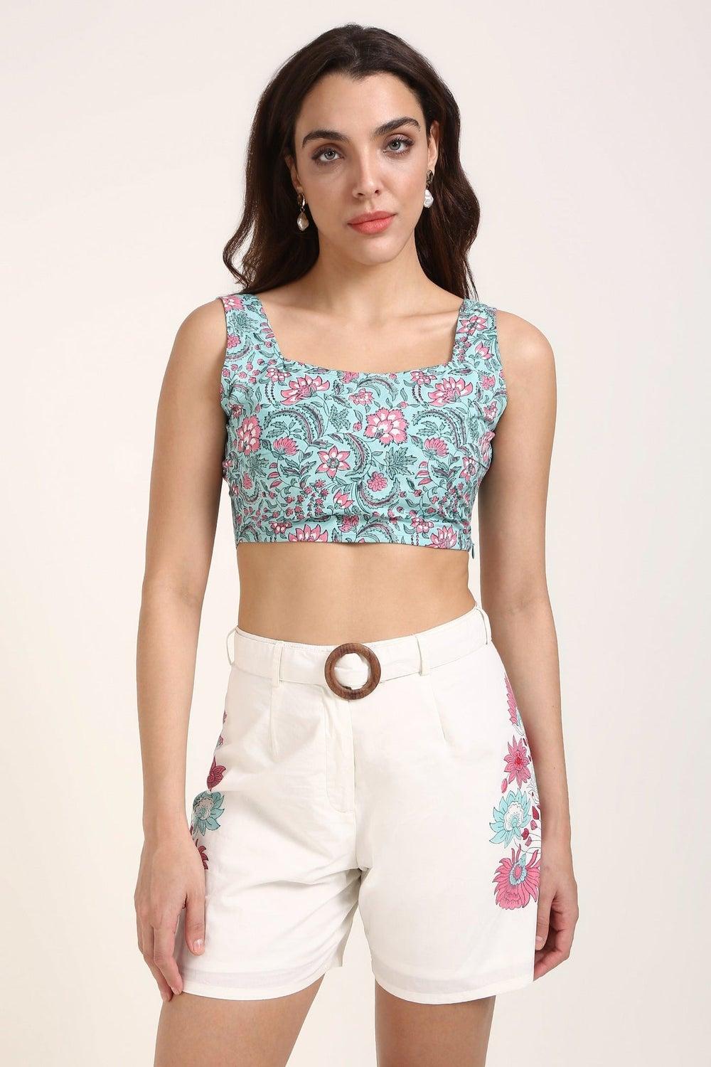 Teal Jaipur Block Print Cotton Bralette for Women - Image 1