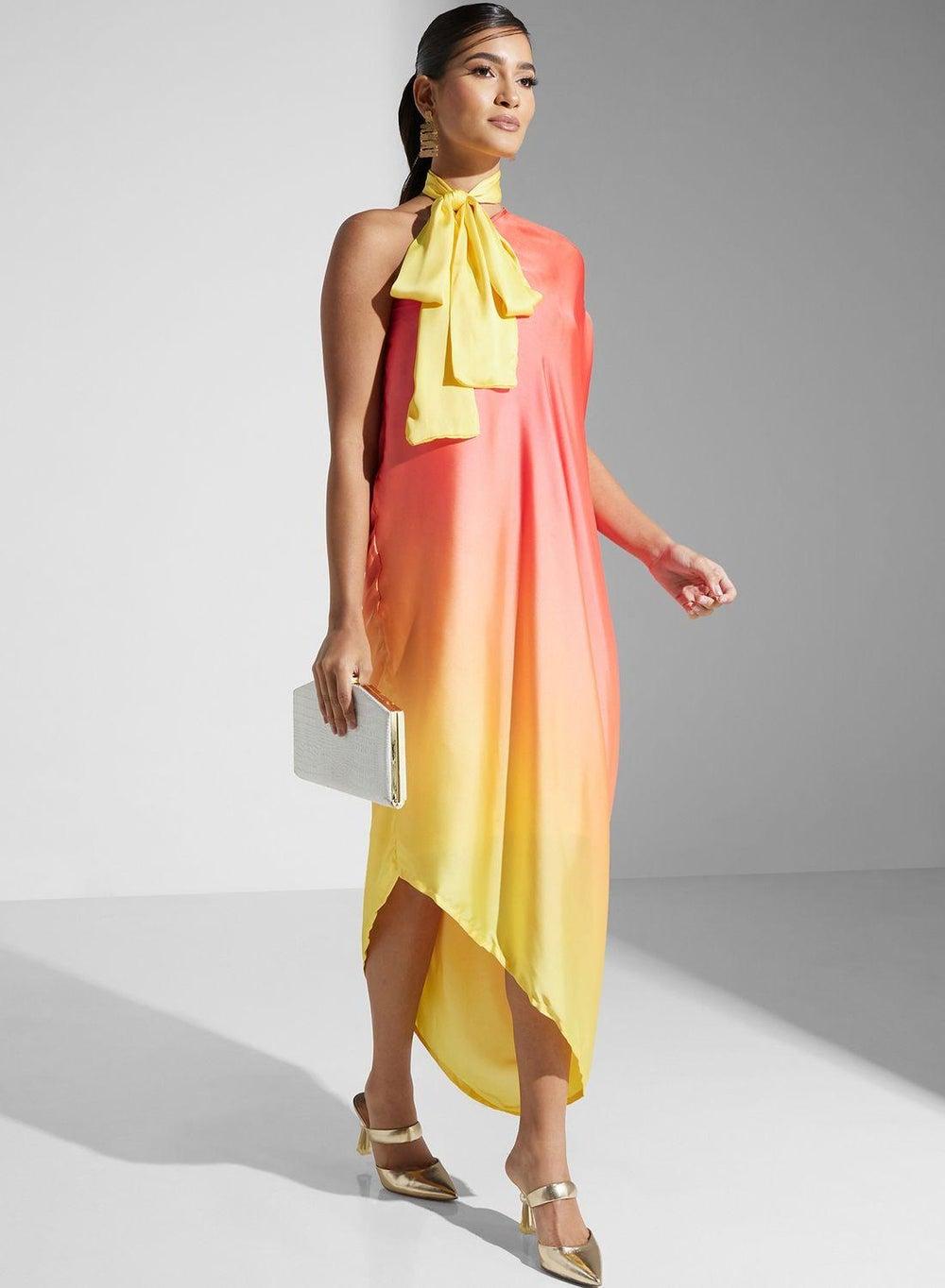 Ombre Sleeveless Dress with Yellow Bow Neck - Image 1