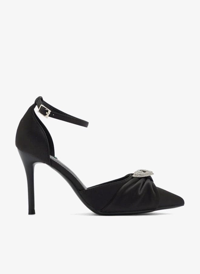Diamante Heart Trim Pointy Counter Strap Pumps - Image 1