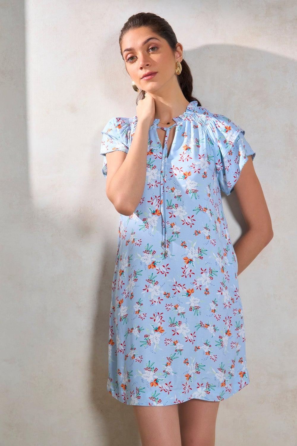 Sky Blue Floral Batwing Shift Dress for Women - Image 1