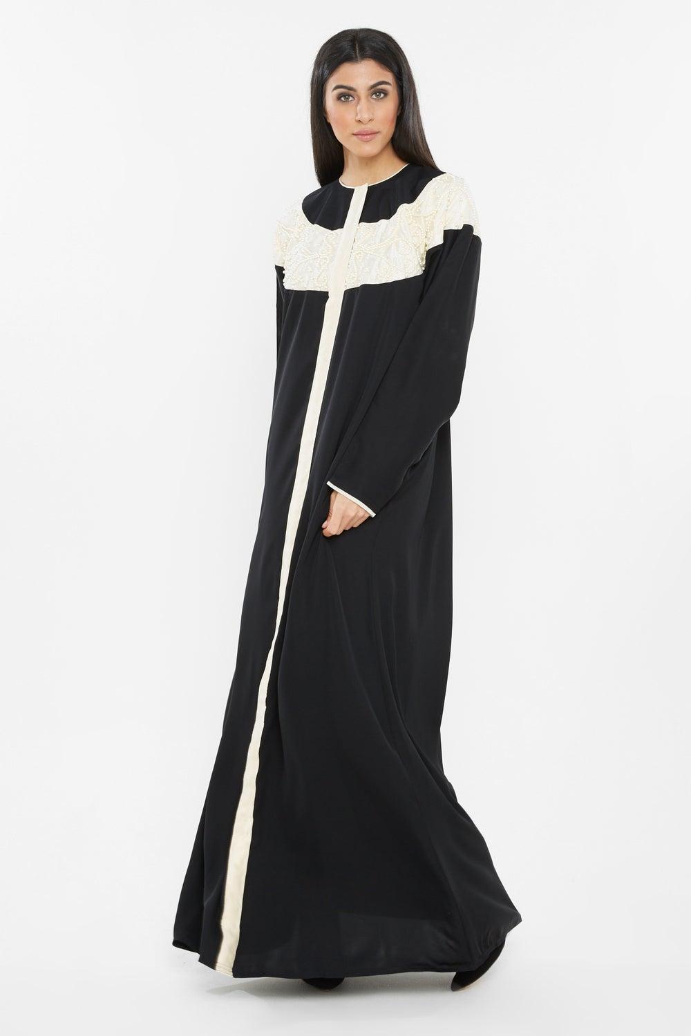 Black Abaya with Pearl-Embroidered Boat Neck Patch AJ61A - Image 1