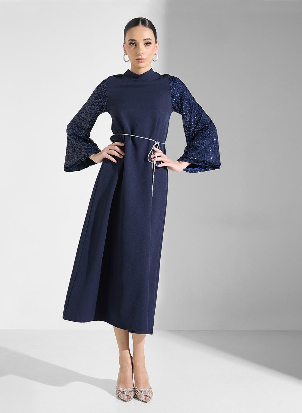Navy Sequin Sleeve Midi Dress - Image 1