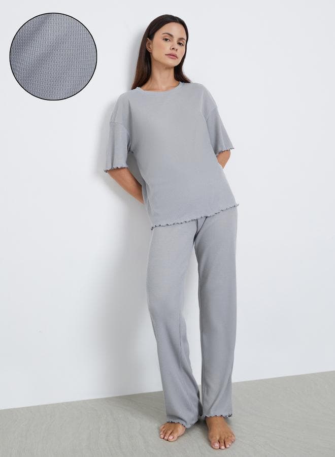 Styli Grey Waffle Knit Lettuce Hem Pyjama Set - Image 1