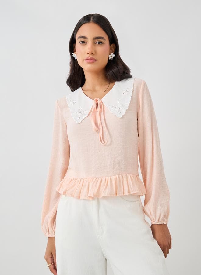 Tie-Up Neck Lace Detail Balloon Sleeve Blouse - Image 1