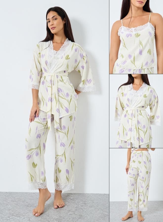 Take Two Pack of 3 Floral Print Lace Trim Pyjama Set - Image 1