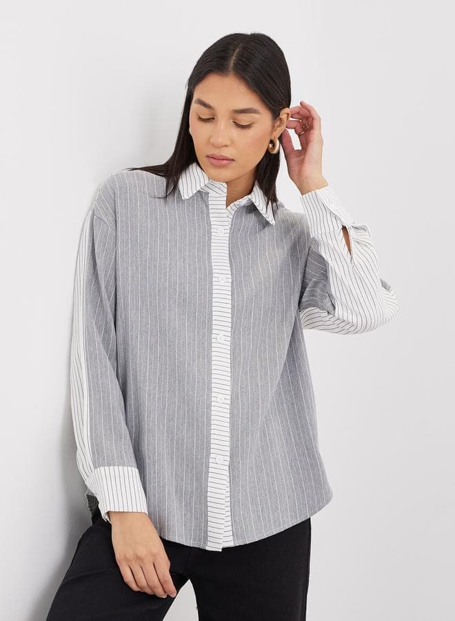 Styli Grey Striped Shirt with Spread Collar - Image 1
