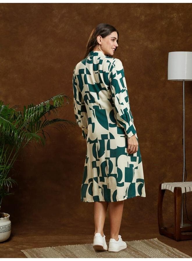 Abstract Floral Maternity Shirt in Beige and Green - Image 1