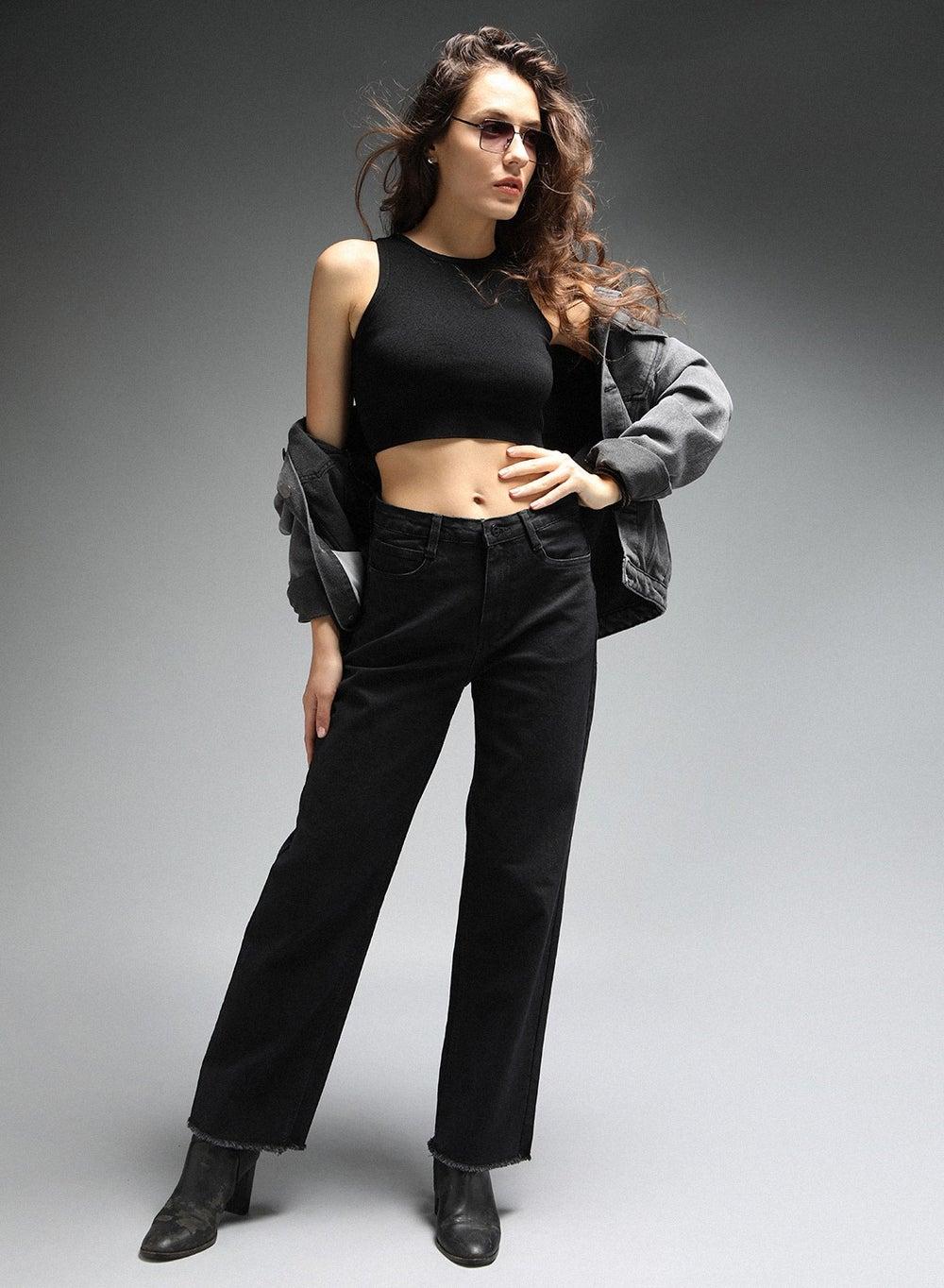 Black Straight Fit Stretch Jeans for Women - Image 1