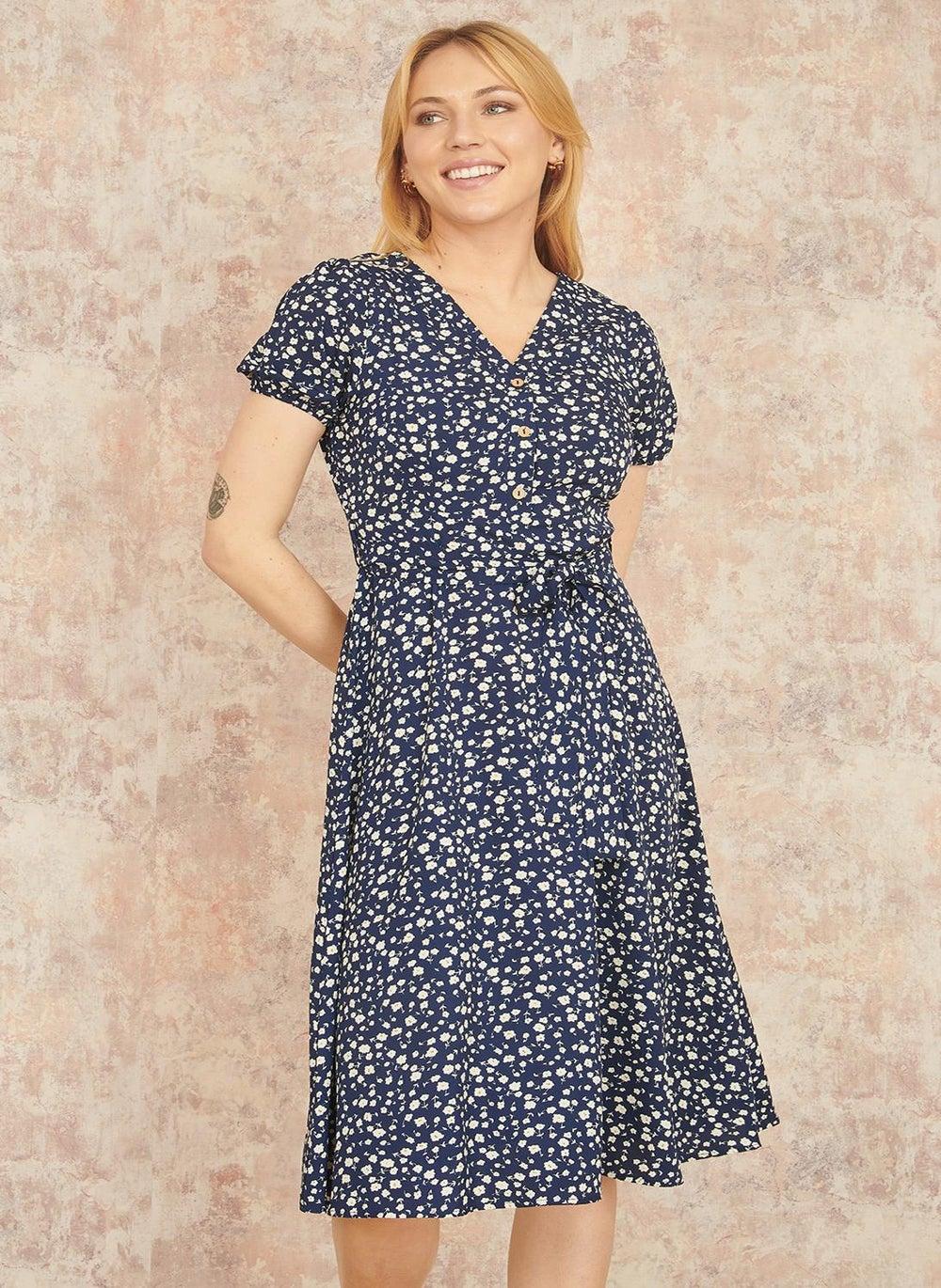 Navy Floral Print Midi Dress with Tie Waist - Image 1
