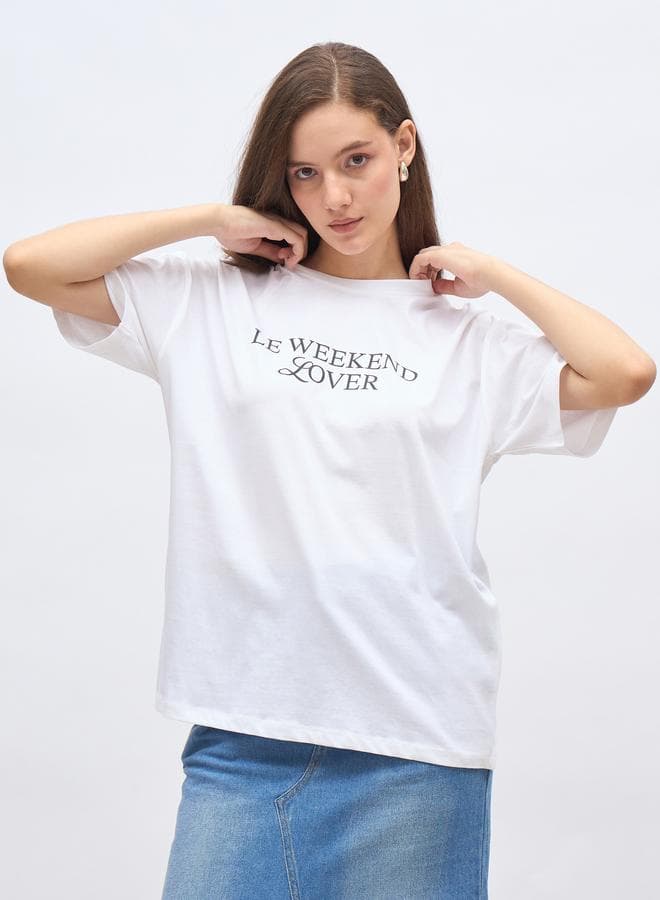 Women White Oversized Slogan Print T-Shirt - Image 1