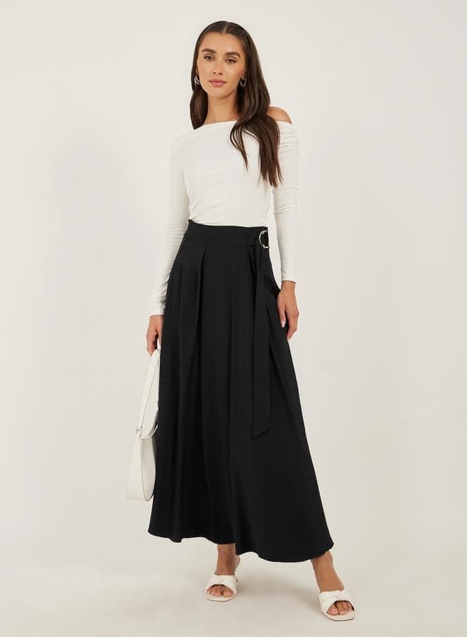 High Rise Pleated A-Line Maxi Skirt with D-Ring Belt - Image 1