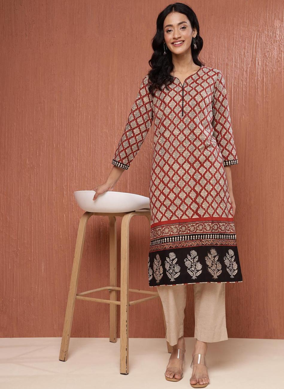 Maroon Cotton Bagru Printed Knee-Length Kurta - Image 1