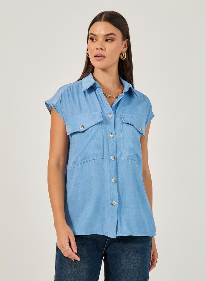 Solid Sleeveless Denim Shirt for Women - Image 1