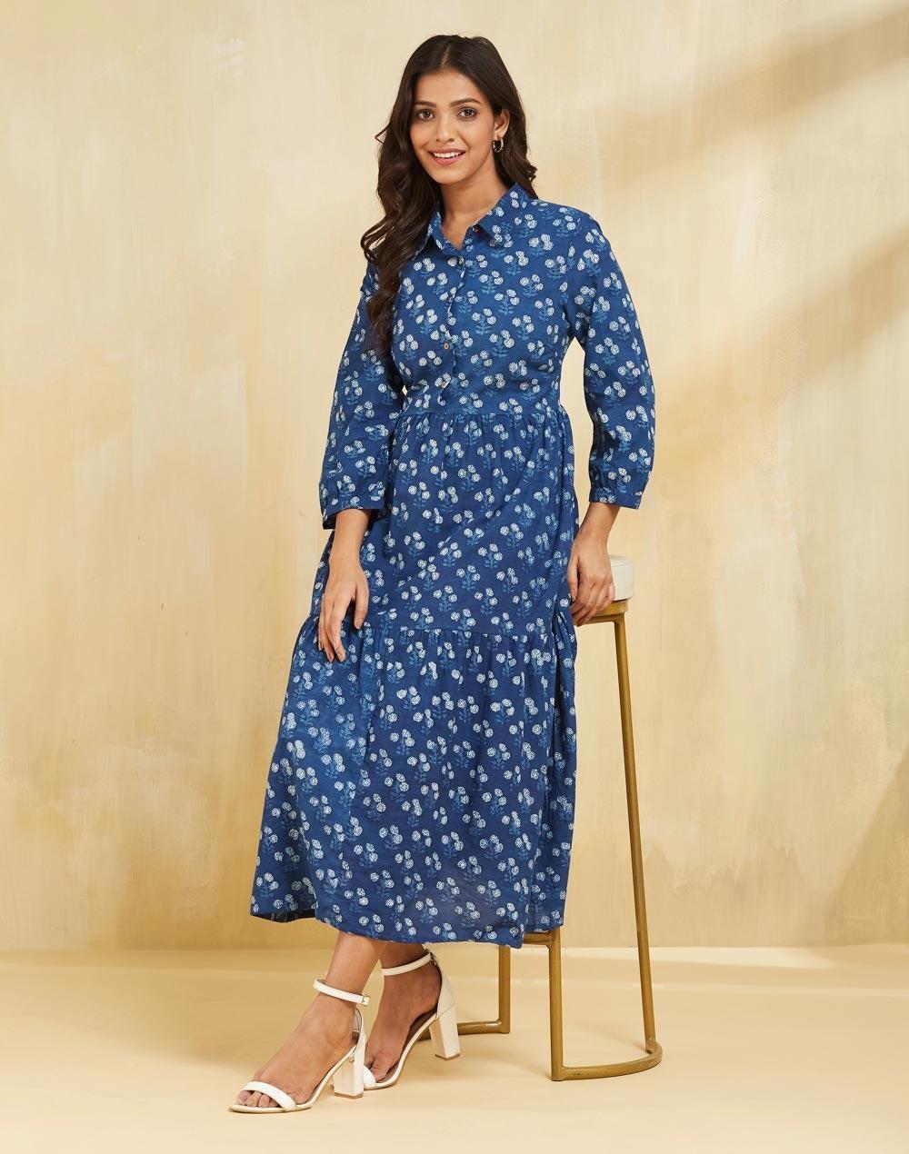 Indigo Cotton Dabu Printed Midi Dress - Image 1
