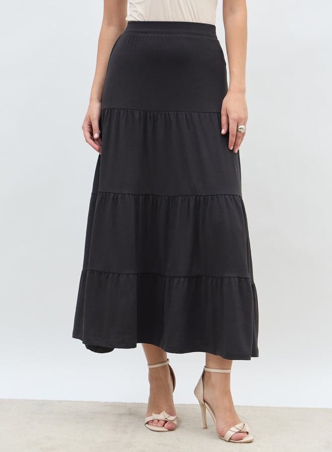 Solid Knitted Tiered Maxi Skirt with Elasticated Waistband - Image 1