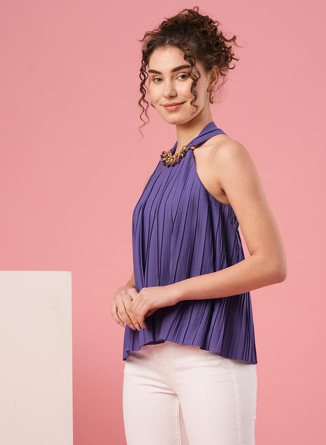 Purple Accordion Pleated Halter Top with Chain Detail - Image 1