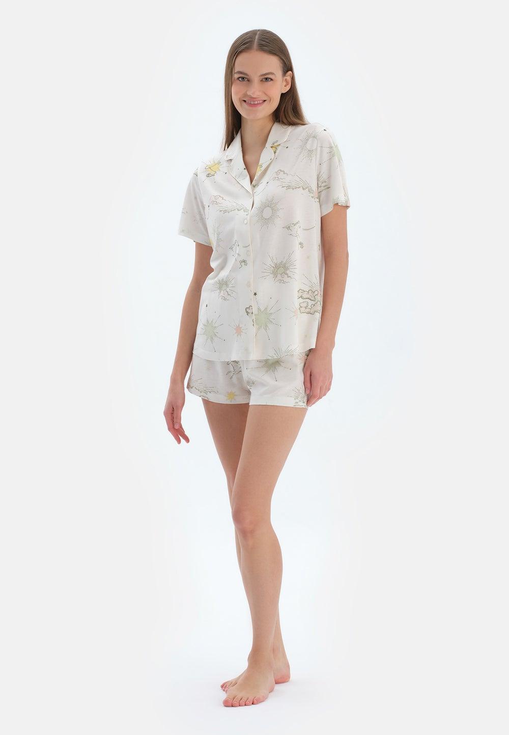 Printed Cotton Blend Short Sleeve Pajama Shirt & Shorts Set - Image 1