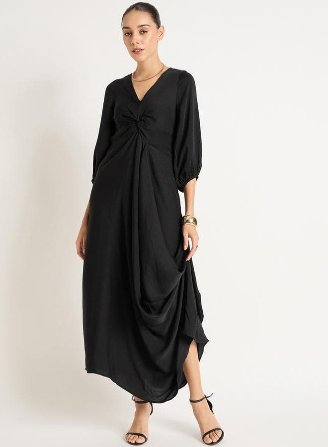Femmella Black Satin Front-Twisted Maxi Dress - Image 1