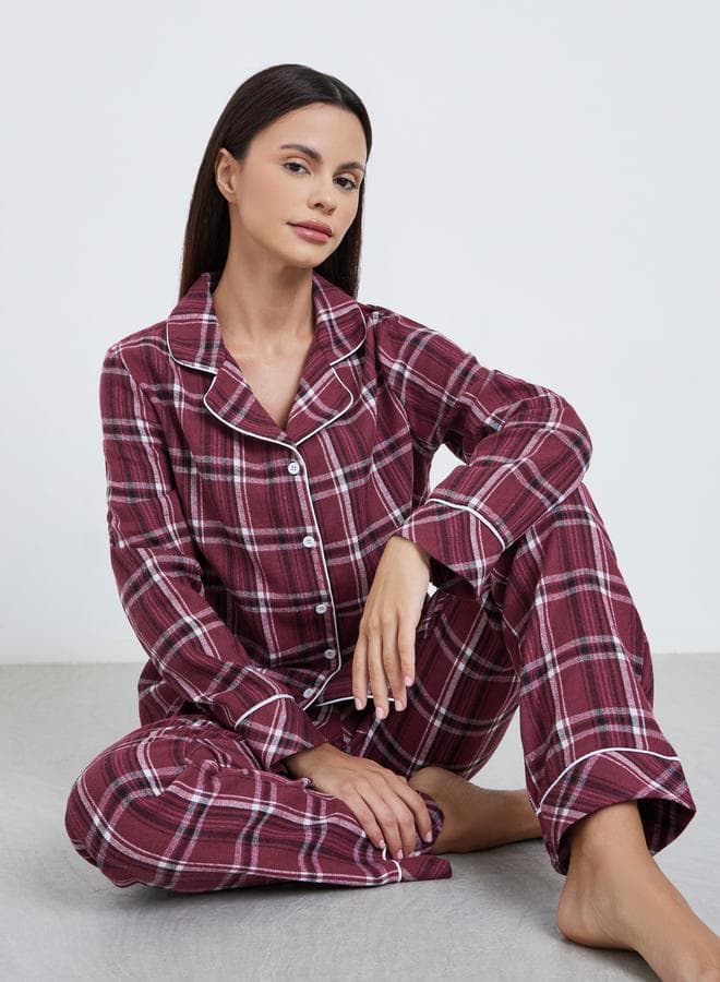 Styli Burgundy Checked Piped Pyjama Set - Image 1