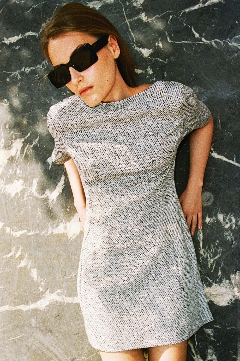 Boat-Neck Mini Dress with Tapered Waist - Image 1