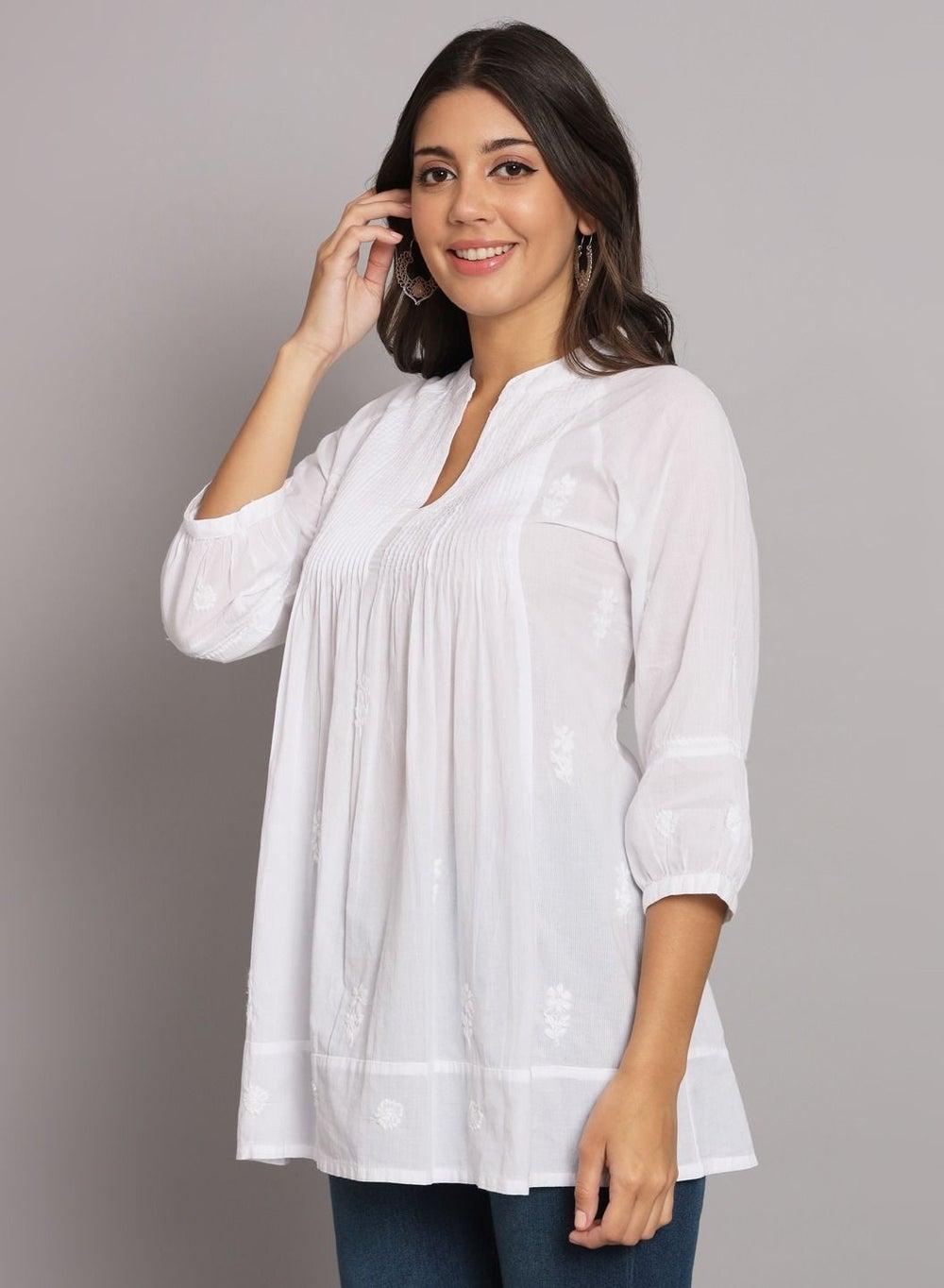 Hand Embroidered Chikankari Cotton A-Line Pleated Tunic AL2786 - Image 1