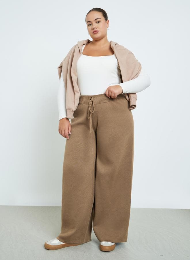 Plus Size Brown Flat Knit Wide Leg Trousers - Image 1