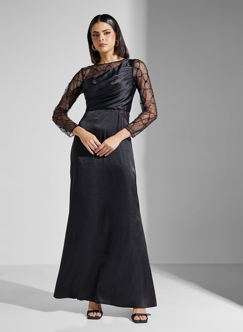 Lace Sleeve Black Evening Gown - Image 1