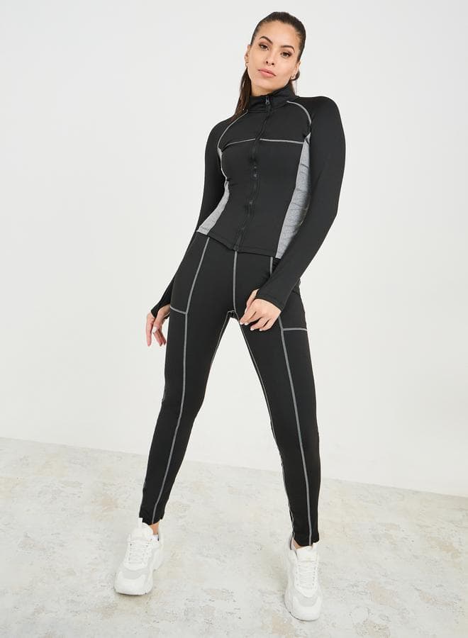Colorblock Contrast Stitch Zip Up Jacket and Leggings Set - Image 1
