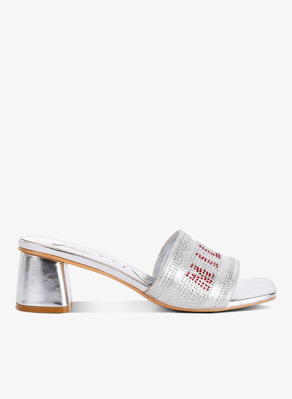 Silver Rhinestone Milan Square-Toe Low Block Heeled Sandals - Image 1