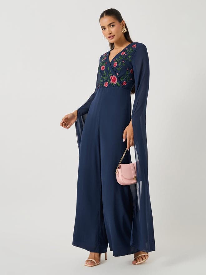 Embroidered Cape Sleeve Wide Leg Jumpsuit - Image 1
