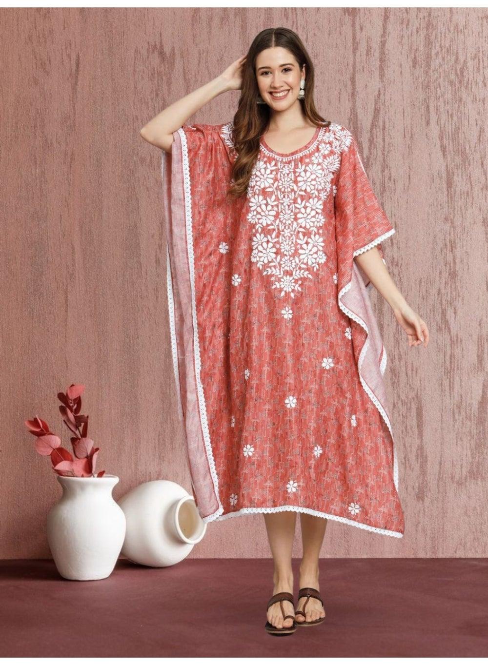 Hand Embroidered Chikankari Floral Cotton Midi Kaftan AL3647 - Image 1