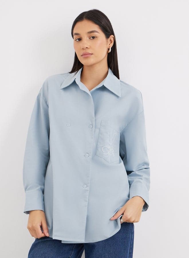 Blue Oversized Longline Shirt with Pocket - Image 1