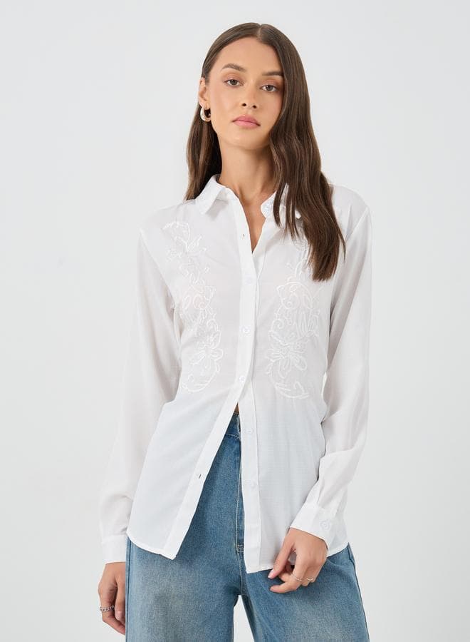 Floral Embroidered Spread Collar Shirt - Image 1