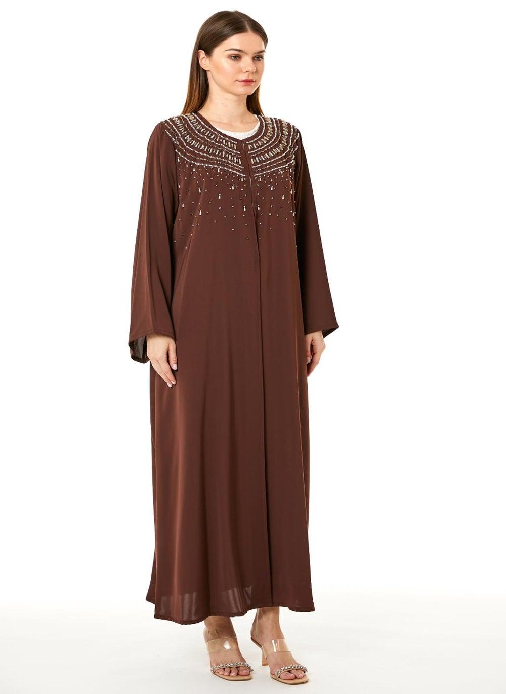 Brown Korean Nida Hand Embellished Abaya with Scarf - Image 1