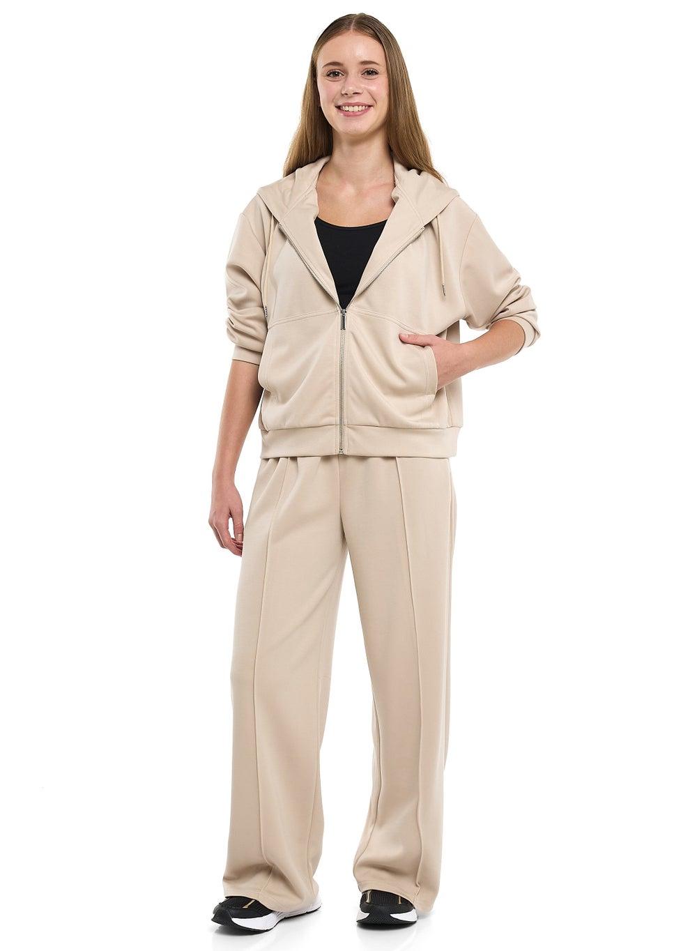 Beige Zip-Up Hoodie and Wide-Leg Trousers 2 Piece Set - Image 1
