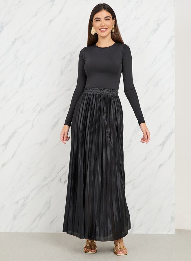 Styli Satin Pleated High Rise A-Line Maxi Skirt - Image 1