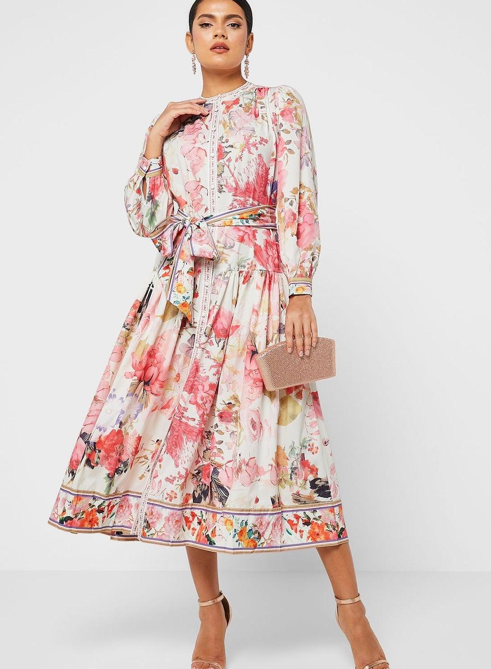 Floral Belted Midi Dress with Long Sleeves - Image 1