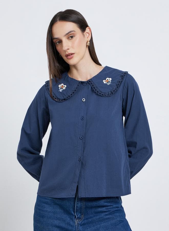 Styli Navy Blue Lace Insert Embroidered Long Sleeve Top - Image 1