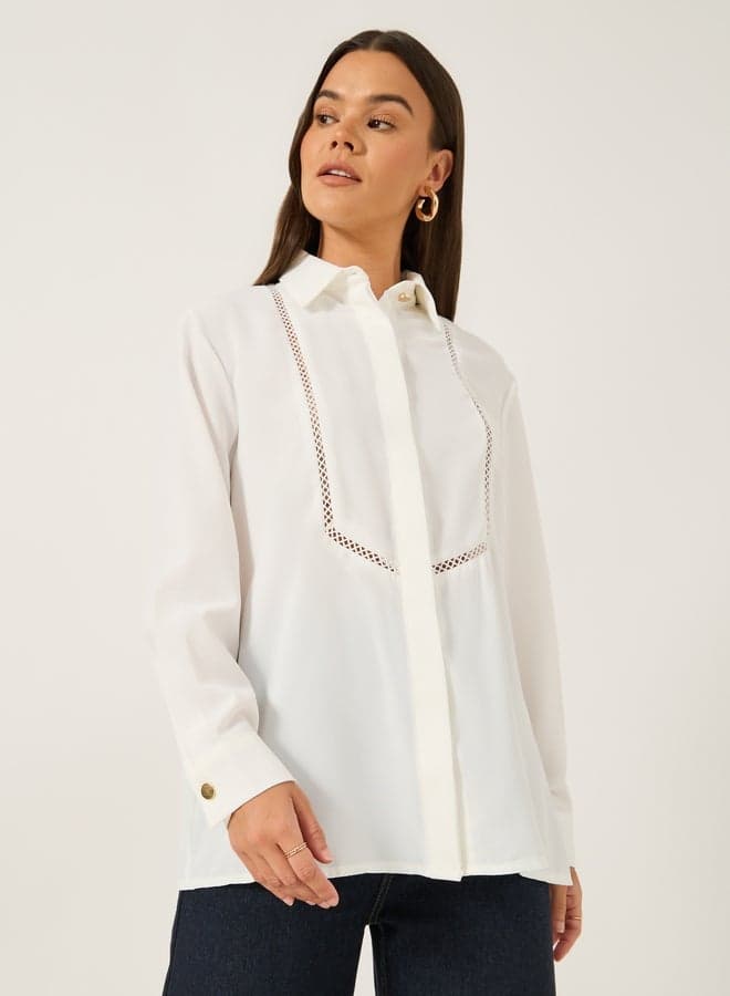 Oversized Spread Collar Shirt with Lace Detail - Image 1