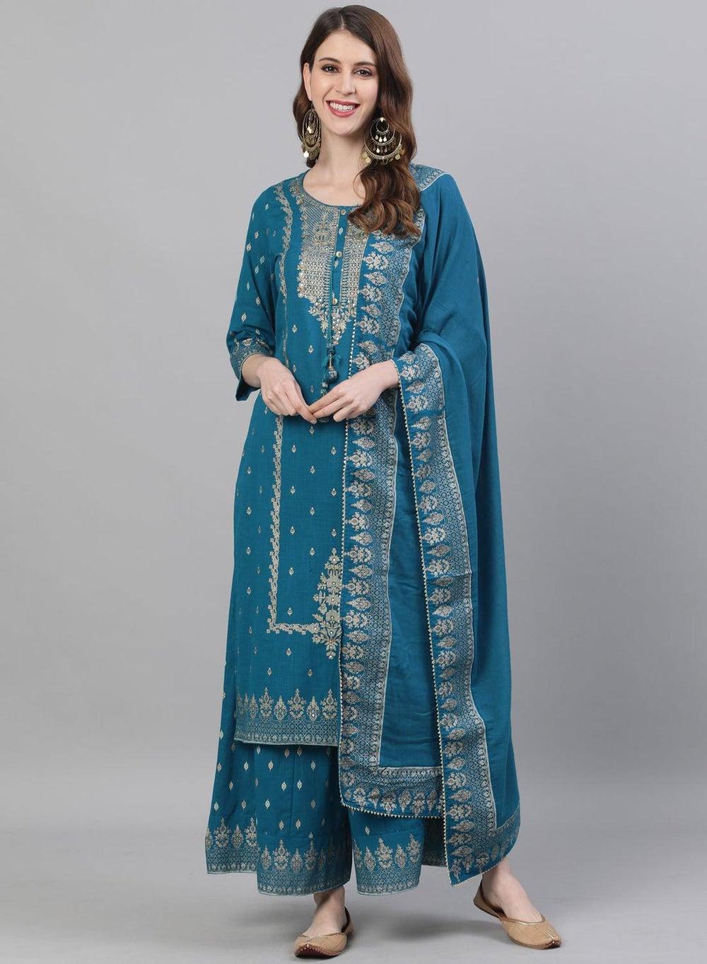 Women’s Teal Cotton Embroidered Straight Fit Kurta Set - Image 1