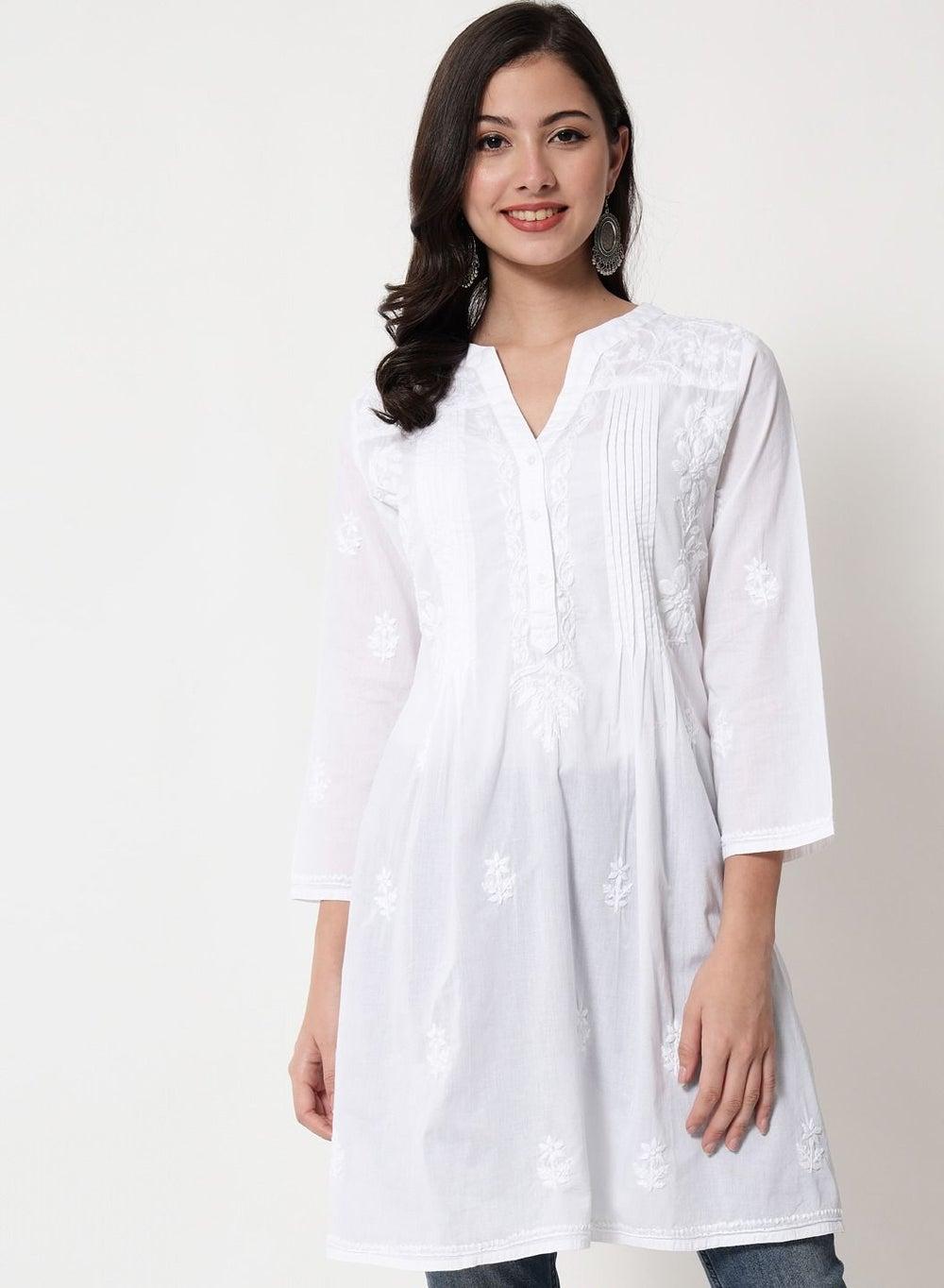 Hand Embroidered Chikankari Cotton A-Line Tunic AL1958L - Image 1