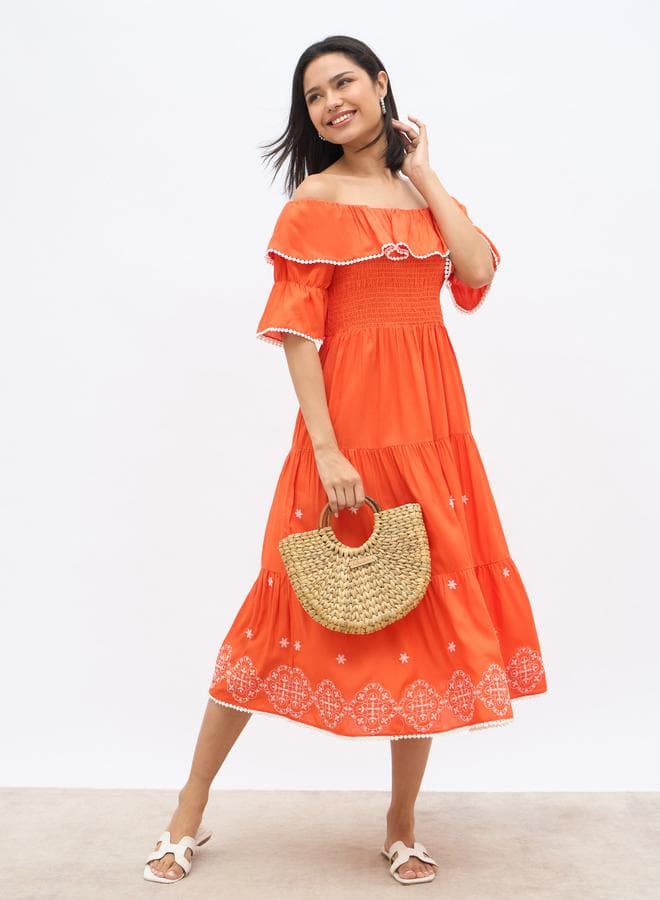 Embroidered Smocked Off-Shoulder Tiered Midi Dress - Image 1