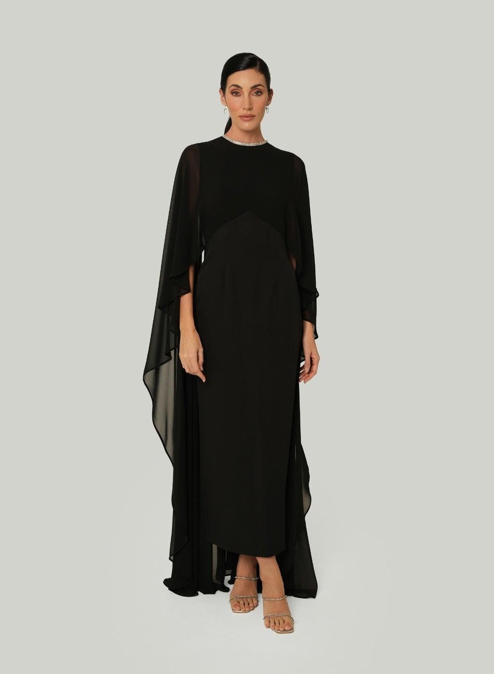 Savanah Black Cape Sleeve Crystal Trim Dress - Image 1