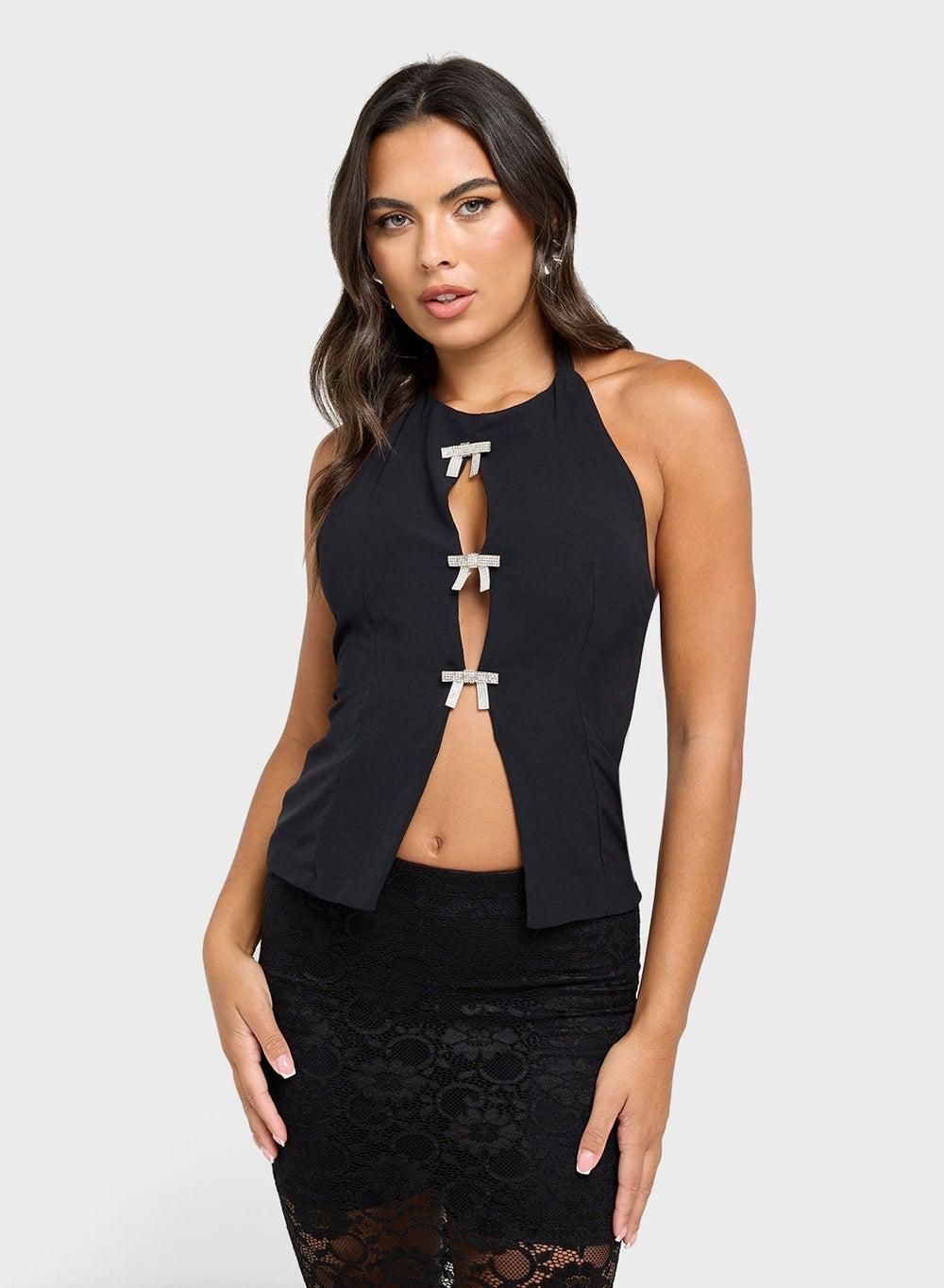 Halter Neck Top with Diamante Bow Detail - Image 1