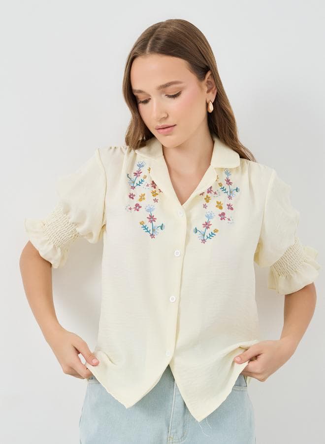 Embroidered Regular Fit Shirt with Smocked Cuffs - Image 1
