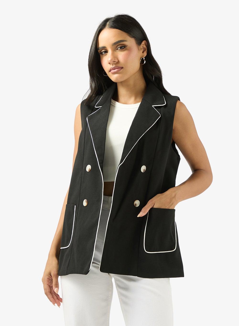 Longline Button-Up Vest with Contrast Trim - Image 1
