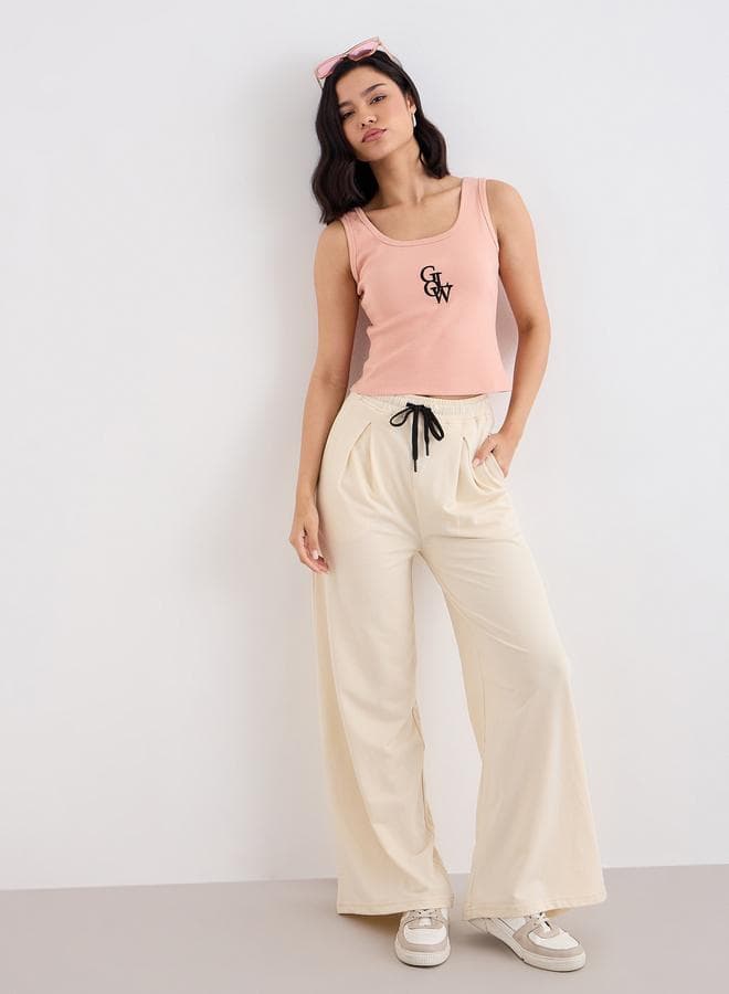 Beige Wide Leg Jogger with Pleat Detail - Image 1