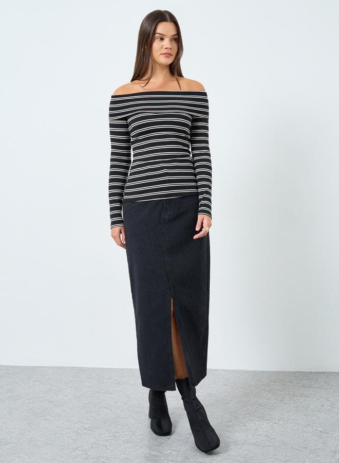 Styli Black Striped Off-Shoulder Knit Top - Image 1